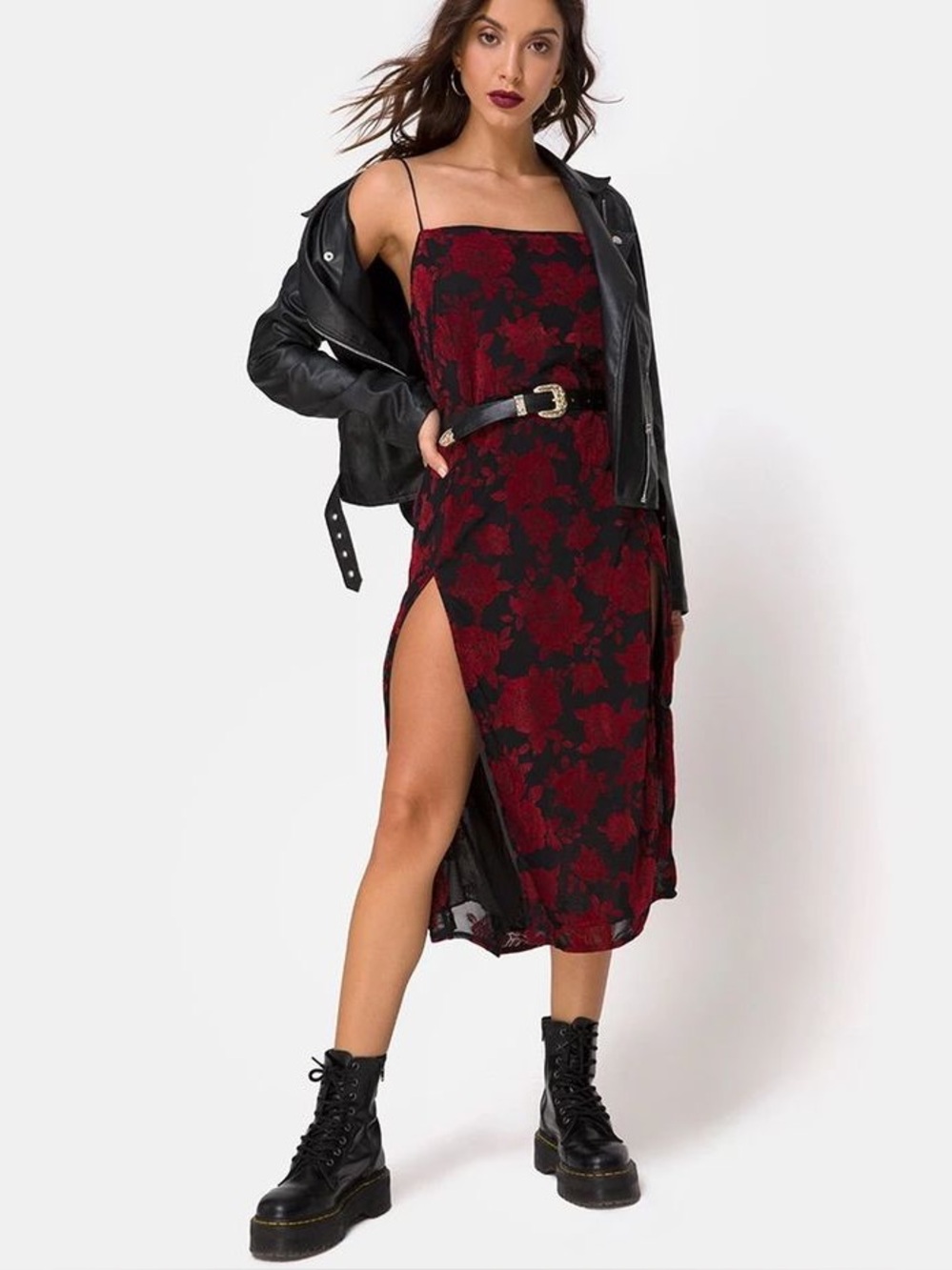 ASOS Motel Red Black Floral Midi Dress Size M